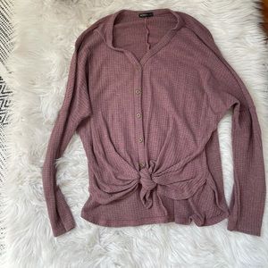 Waffle mauve tie front long sleeve